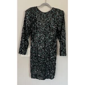 Vtg Black Tie Sequin Sparkle Cocktail Dress Size 12 Black Emerald Trophy Glam